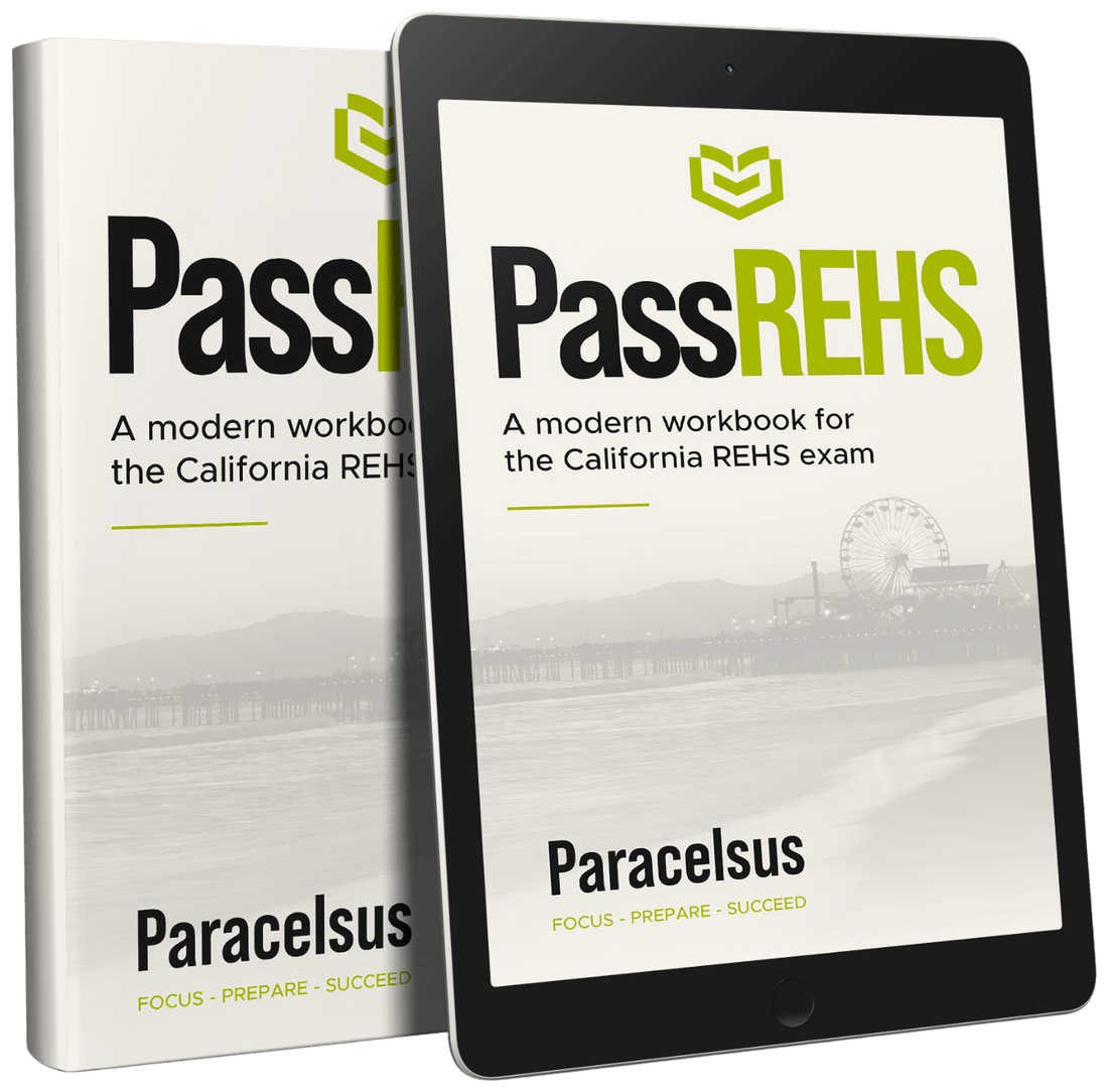PassREHS — A Modern Workbook for the California REHS Exam, shown as a paperback and on tablet